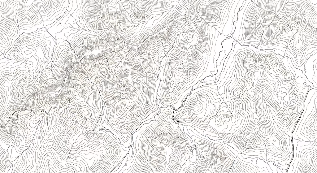Black contour lines forming a topographic map of mountainous terrain with valleys and ridges.