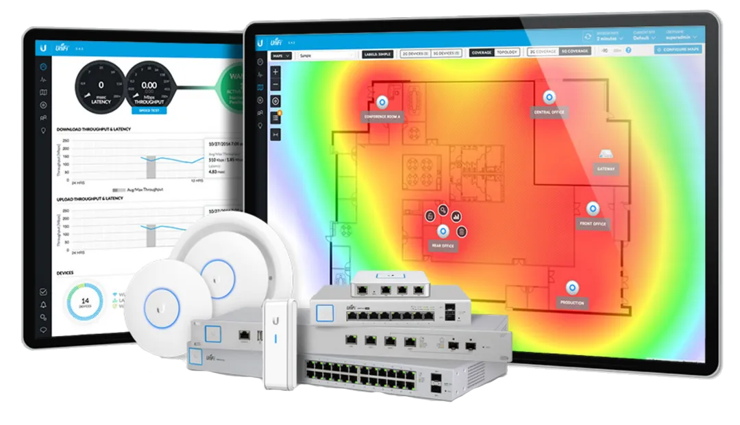 Business Wi-Fi access points and network equipment with a coverage planning display