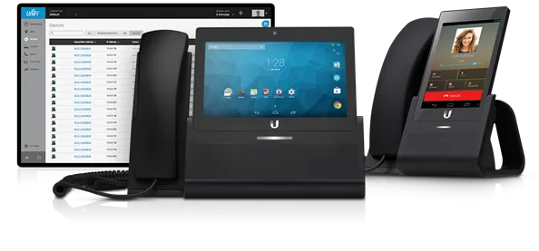 Business phone system with desk phones and a call management display