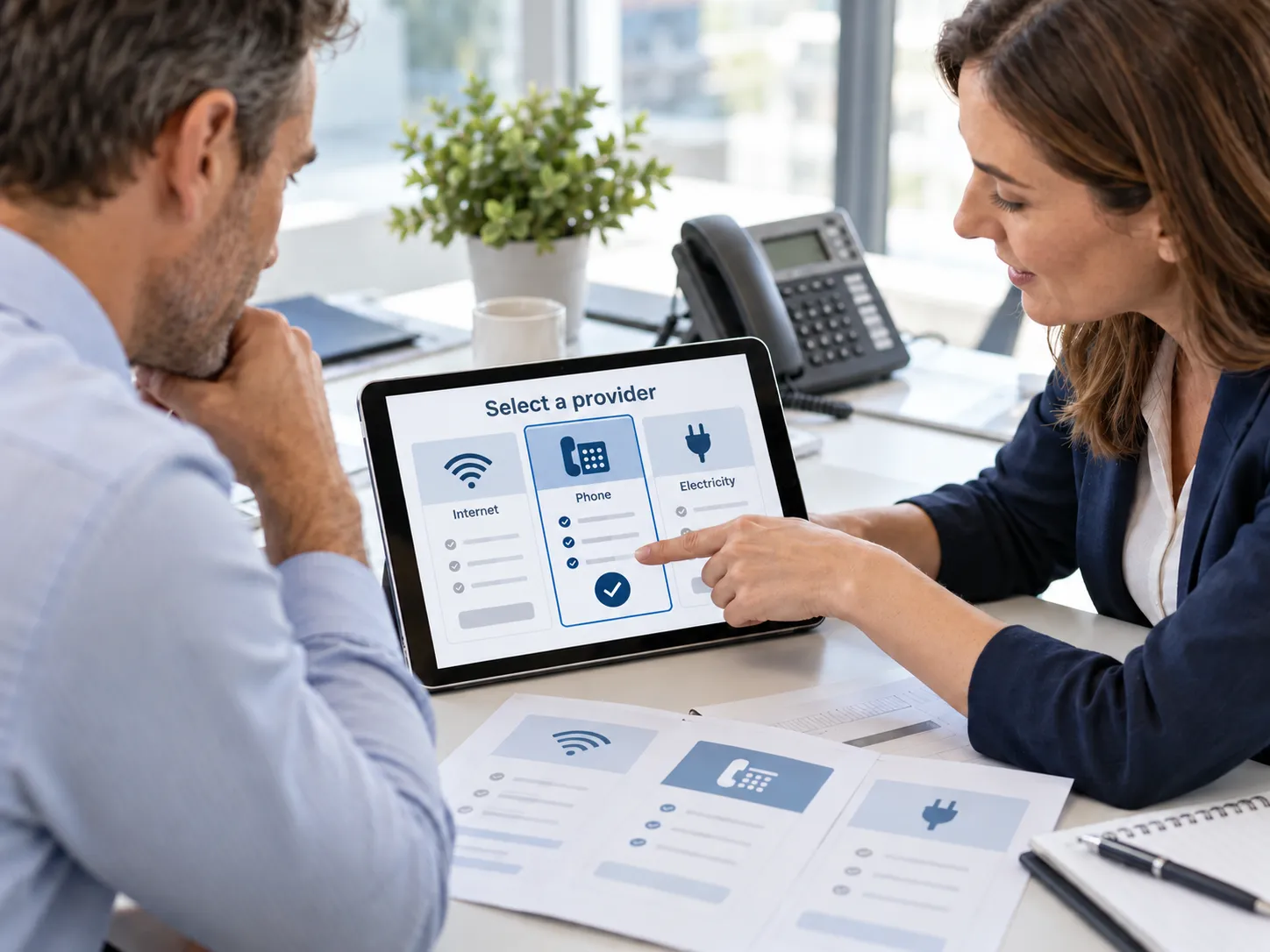 Business owner comparing quotes and selecting an internet, phone or electricity provider