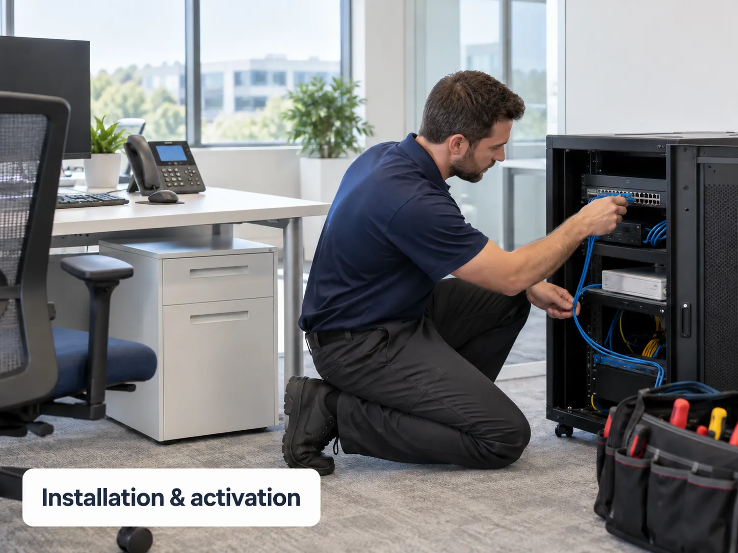 Technician installing network equipment after the business approves its service agreement