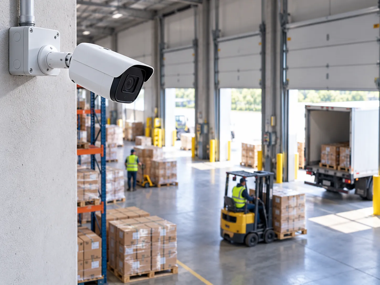 Illustration of warehouse security camera coverage along storage aisles and loading areas