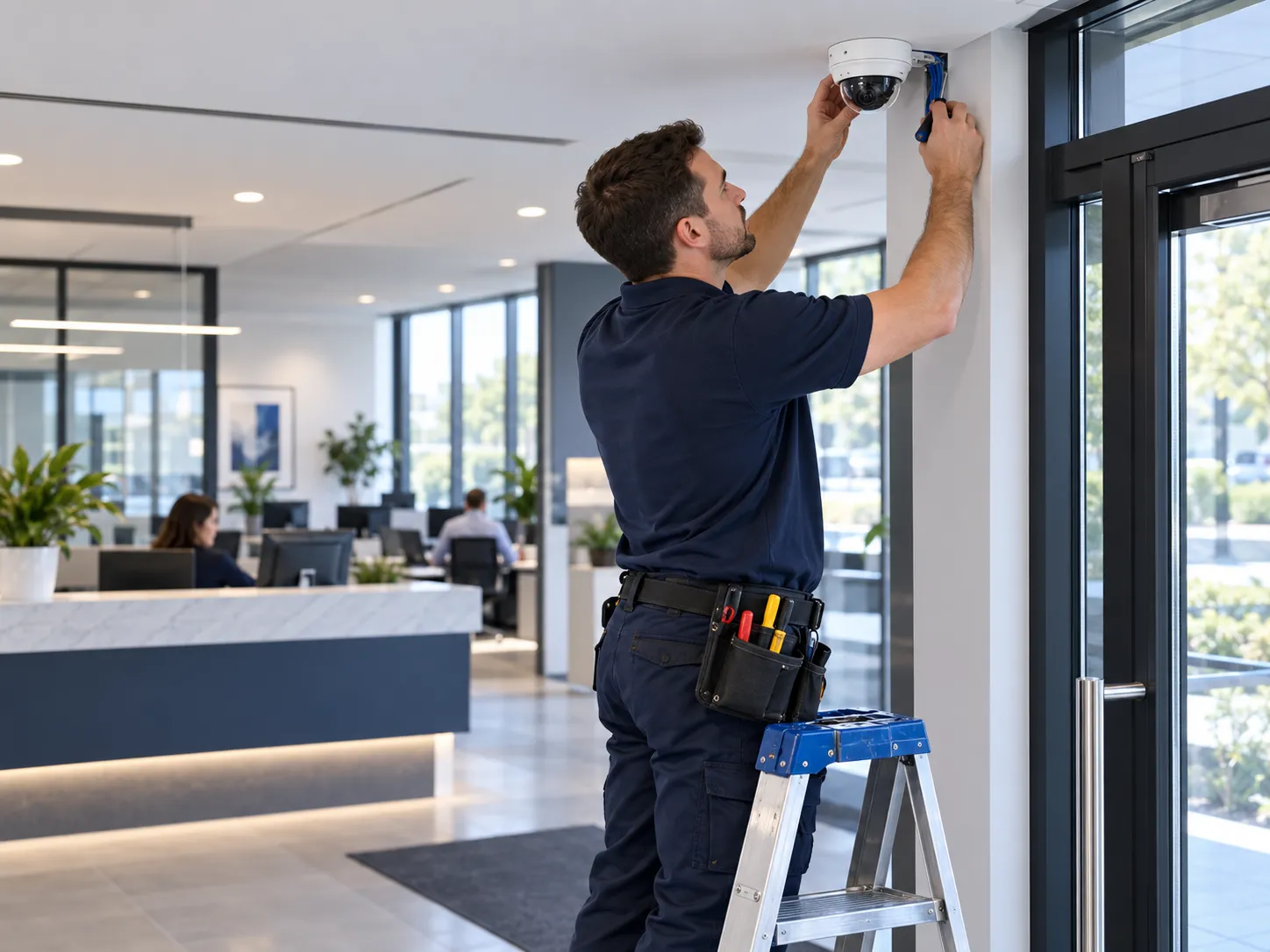 Illustration of commercial security camera installation at a business office entrance