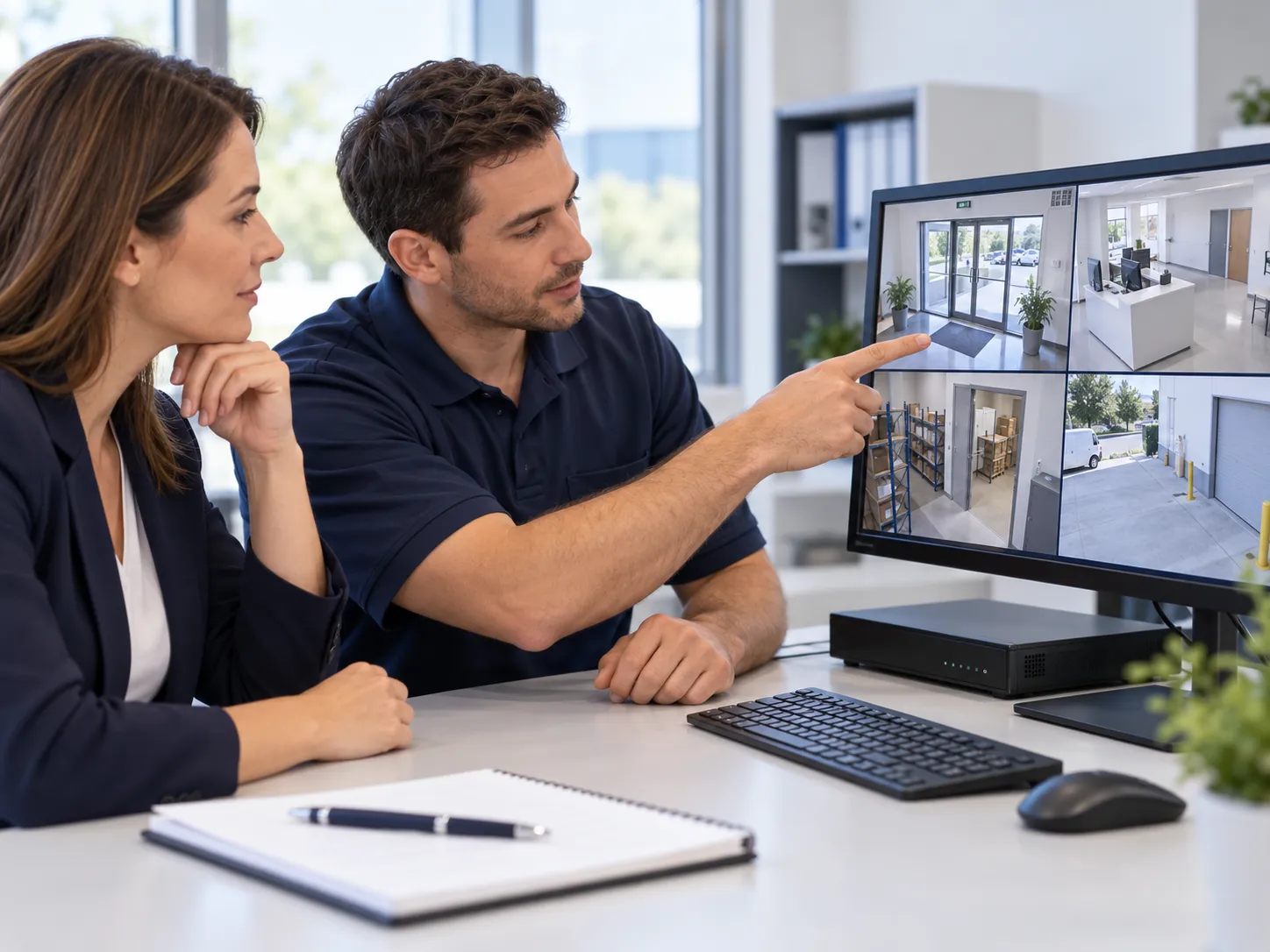 Illustration of a technician explaining a commercial security system to a business customer