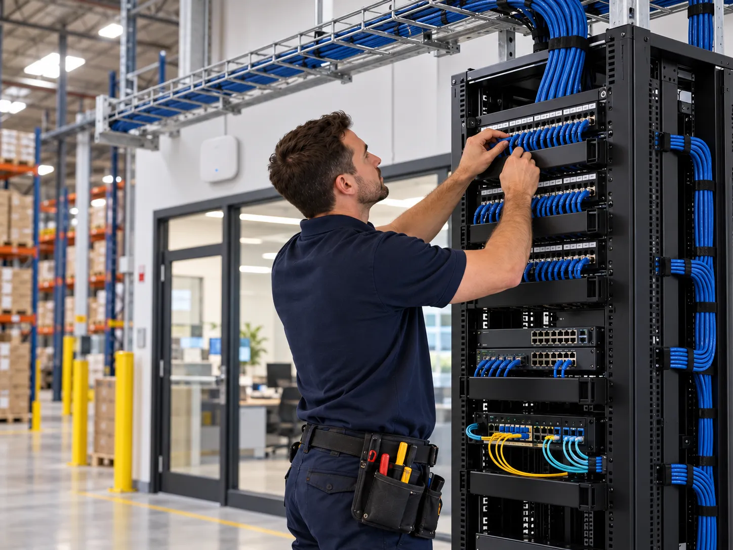 Illustration of a technician organizing warehouse network cabling, an equipment rack and overhead cable pathways