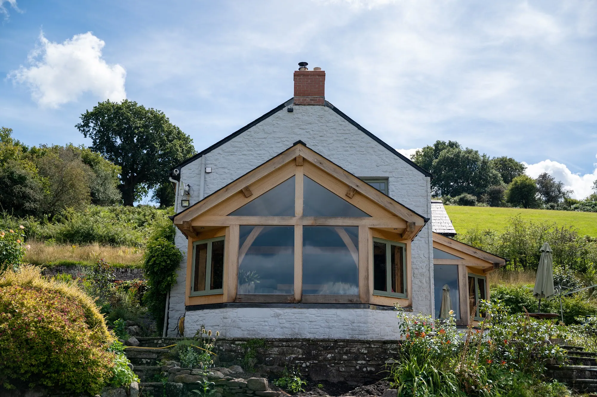 The glazed oak gable at Ty Fry, Crickhowell, facing down the valley.