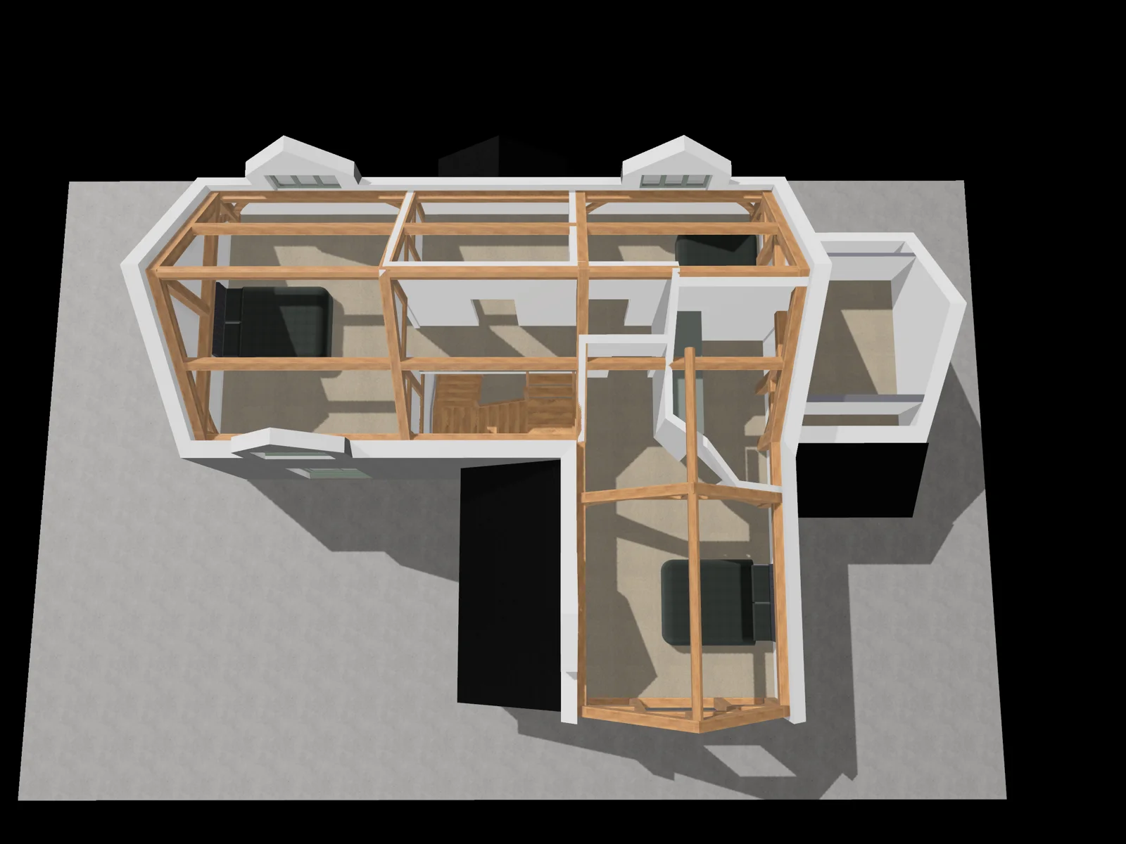 3D model of an oak frame seen from above, with the oak posts, beams and braces in the walls of a two-wing building