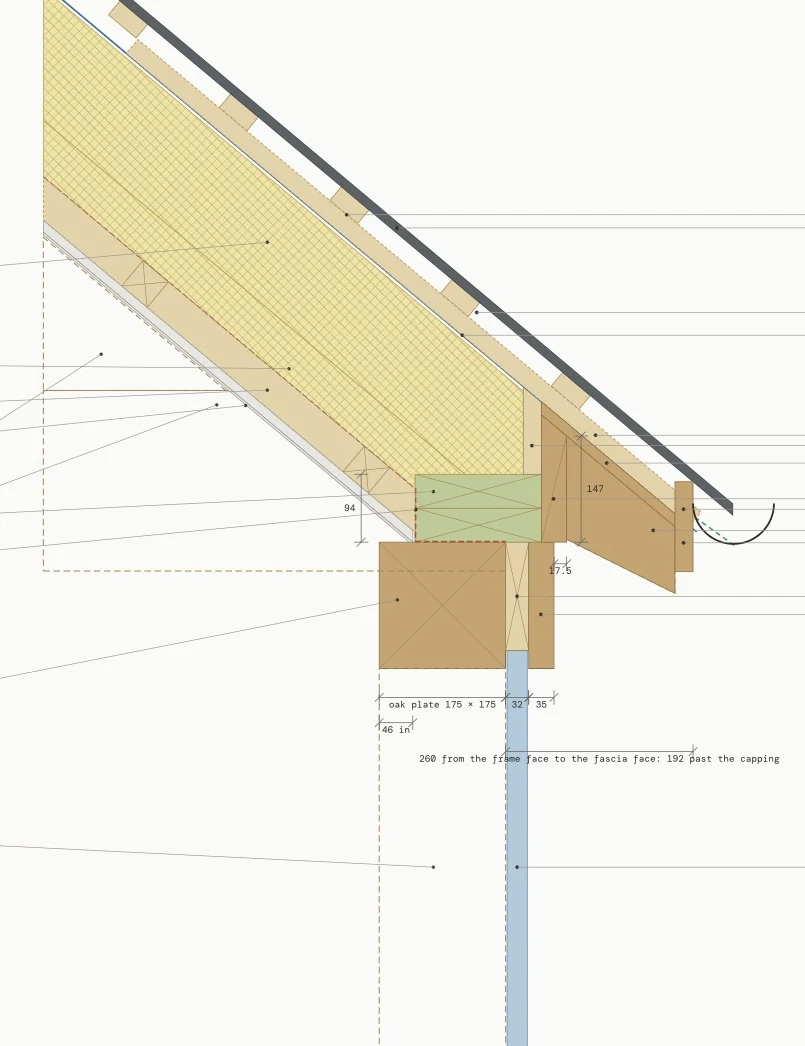 Section drawing of a roof eaves in oak: a 175 by 175 oak plate, oak sprockets and fascia under a slate roof, with a glazed panel below