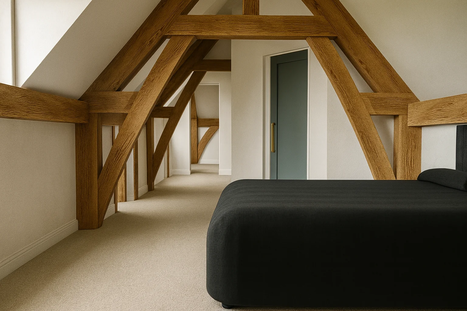 Rendered view inside a room with an oak frame: arched braces and tie beams under a sloping ceiling, a corridor beyond and a bed in the foreground