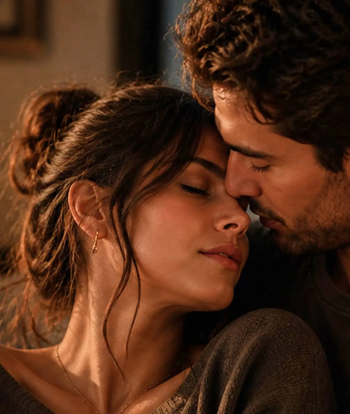Close-up of a couple with eyes closed, touching foreheads gently in an intimate moment.