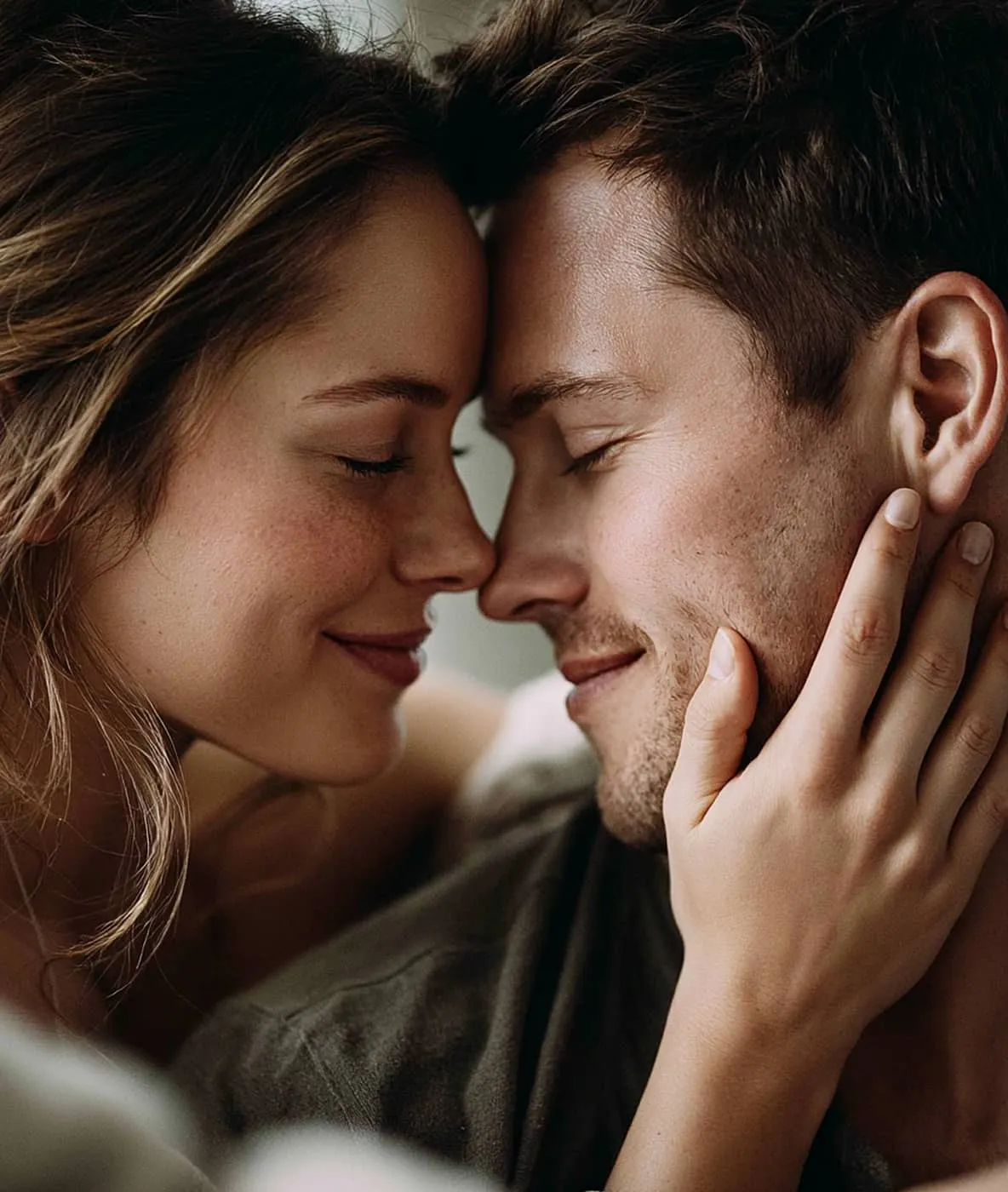 Close-up of a couple with eyes closed, foreheads touching, and woman’s hand on man's cheek.