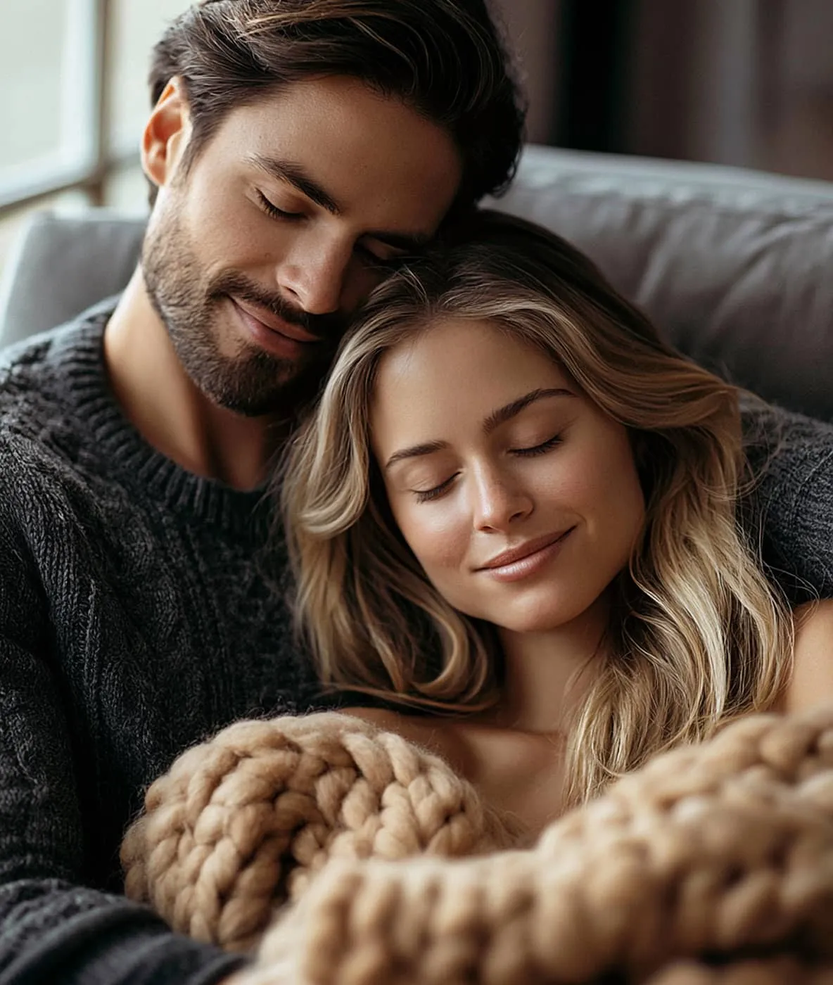 Smiling couple with eyes closed embracing under a chunky knit blanket on a couch.