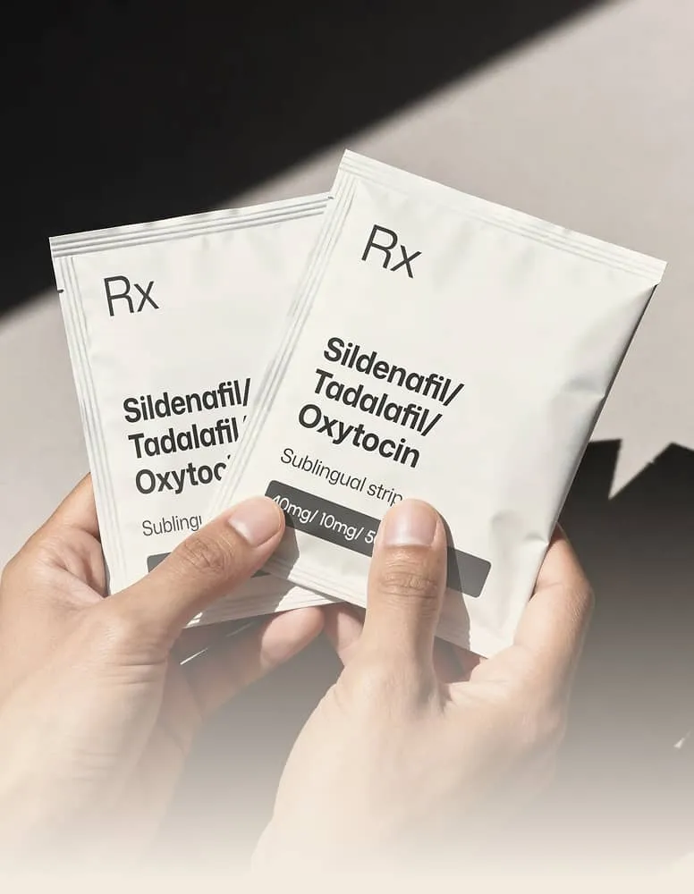 Hands holding Sildenafil/ Tadalafil/ Oxytocin treatment strips