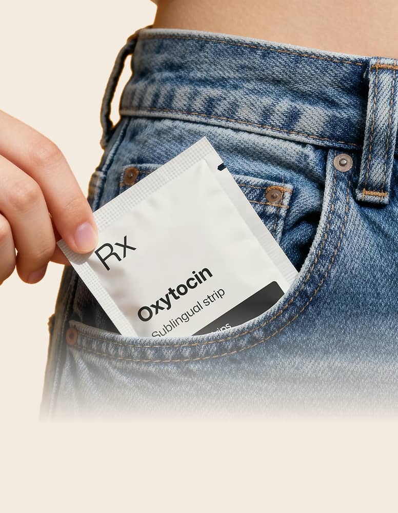 Hand placing an oxytocin sublingual strip packet into a pocket for convenient, on-the-go use