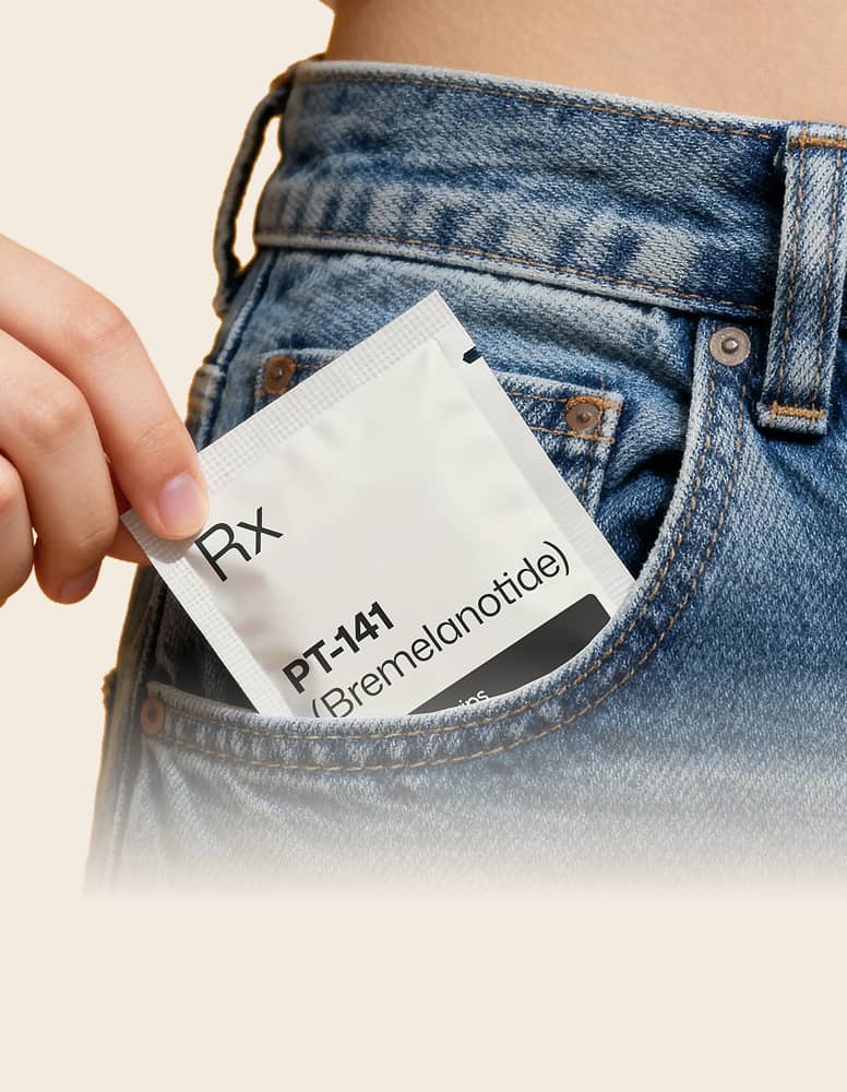 Hand placing an PT-141 sublingual strip packet into a pocket for convenient, on-the-go use