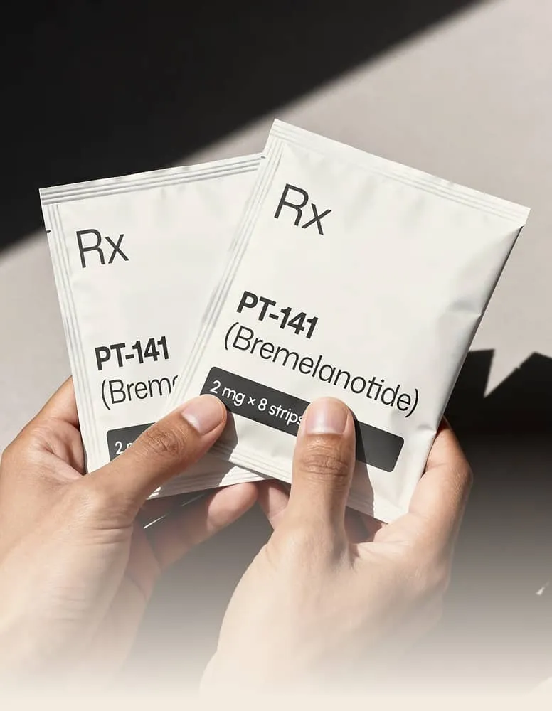 Hands holding PT-141 (Bremelanotide) treatment strips