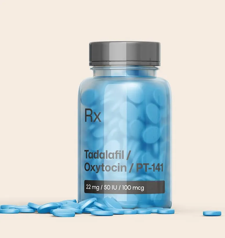 Tadalafil, Oxytocin, and PT-141 treatment bottle with tablets