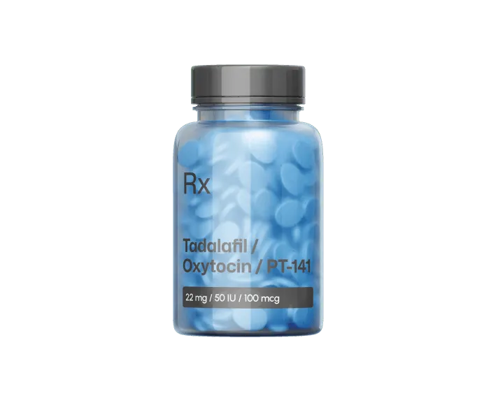 Tadalafil, Oxytocin, and PT-141 treatment bottle with tablets