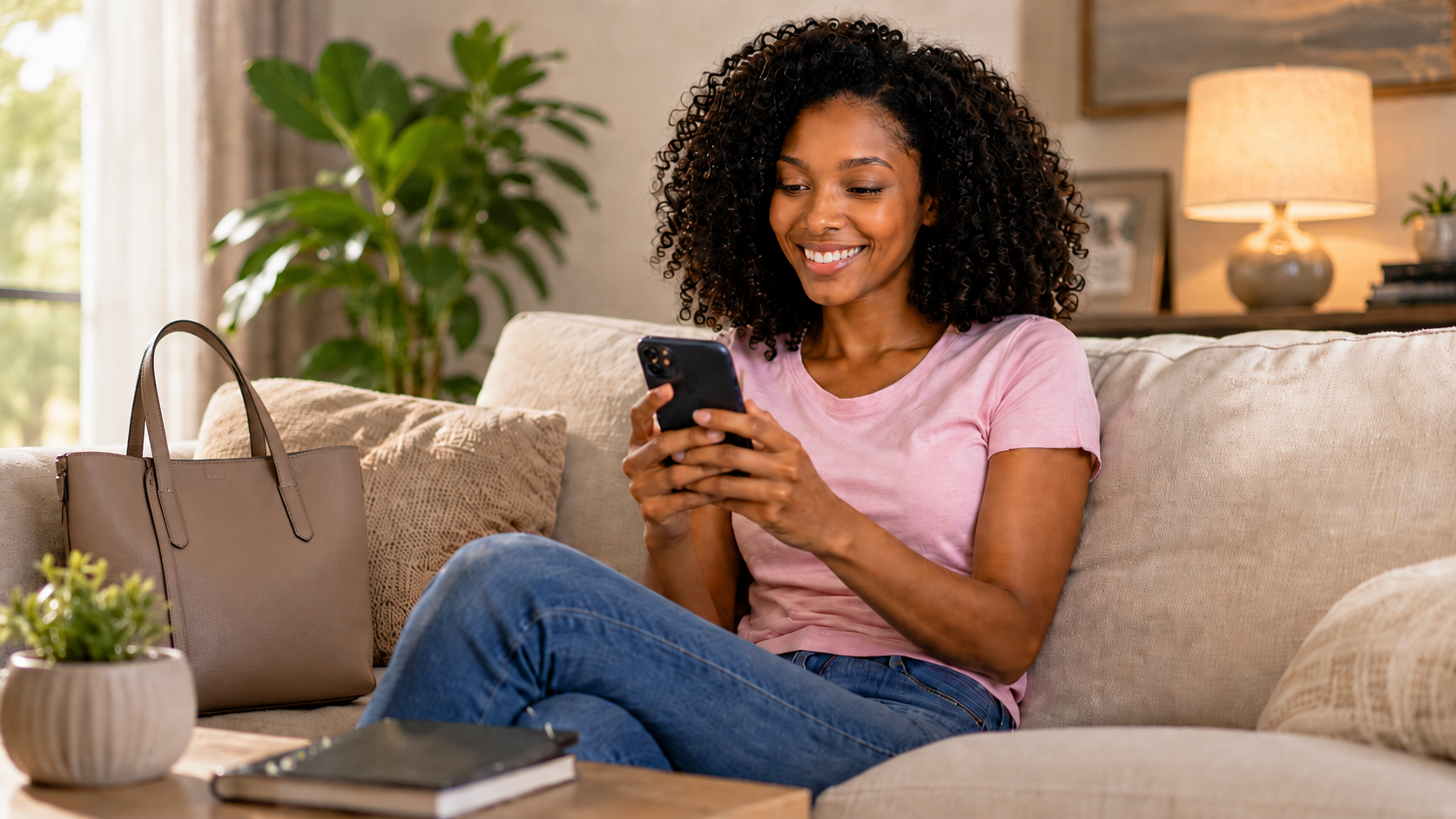Smiling woman in pink shirt sitting on couch, looking at phone in a cozy living room.