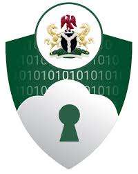 Green and white shield with a keyhole and the Nigerian coat of arms above binary code representing NDPR Compliance