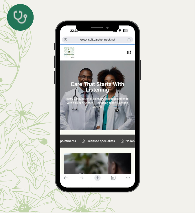 Smartphone displaying a medical website with two doctors and text about care that starts with listening illustrating the landing page of Lexmedicals Online Clinic