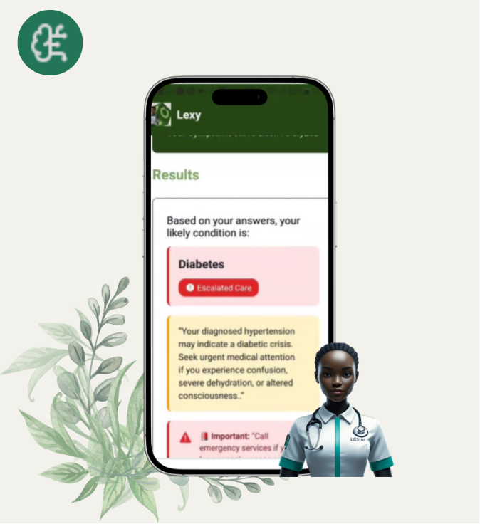 Smartphone screen shows diabetes diagnosis result with urgent care advice and a virtual female doctor avatar illustrating AI guided symptom checks