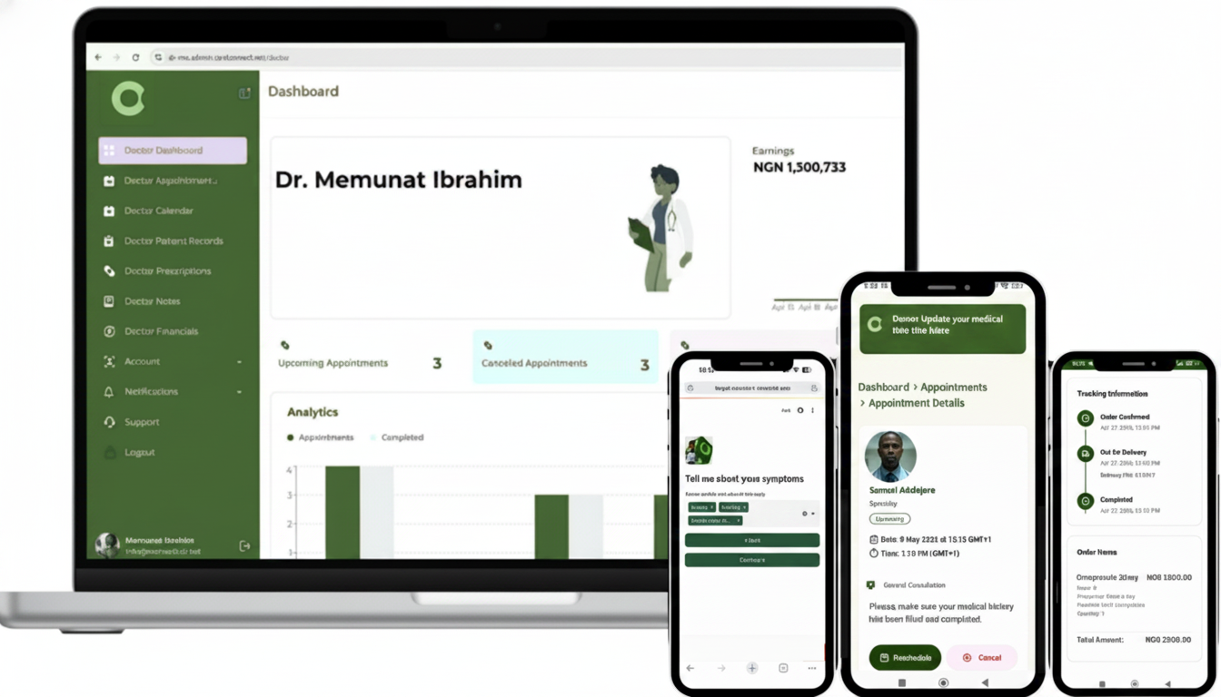 Laptop showing doctor dashboard and three phones displaying Lexmedical ecosystem of AI guided symptom checks, Virtual Consultation, Prescription Ordering, White labeling capabilities for Doctors, Specialists, Hospitals, Clinics, Telemedicine providers to run a digital clinic under their own brand