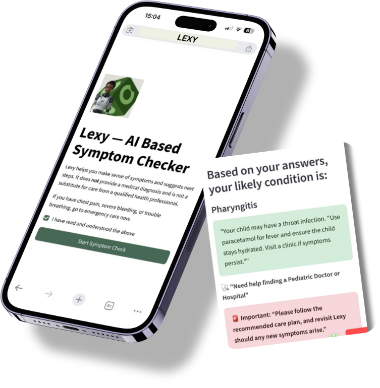 Mobile screen shows Lexy AI symptom checker with results indicating likely diagnosis of pharyngitis.
