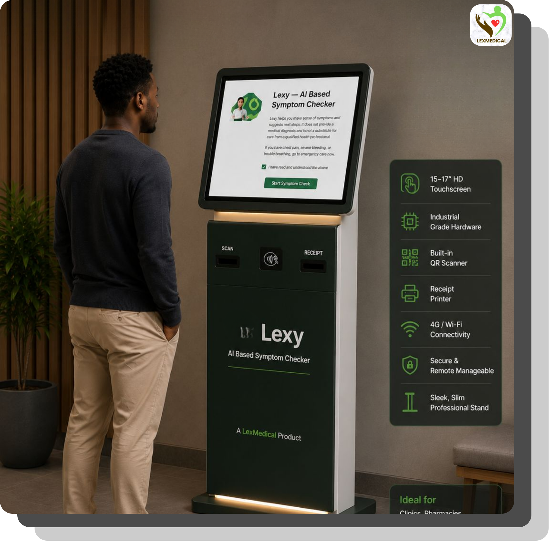 Man using Lexy AI symptom checker kiosk with touchscreen, QR scanner, receipt printer, and Wi-Fi.