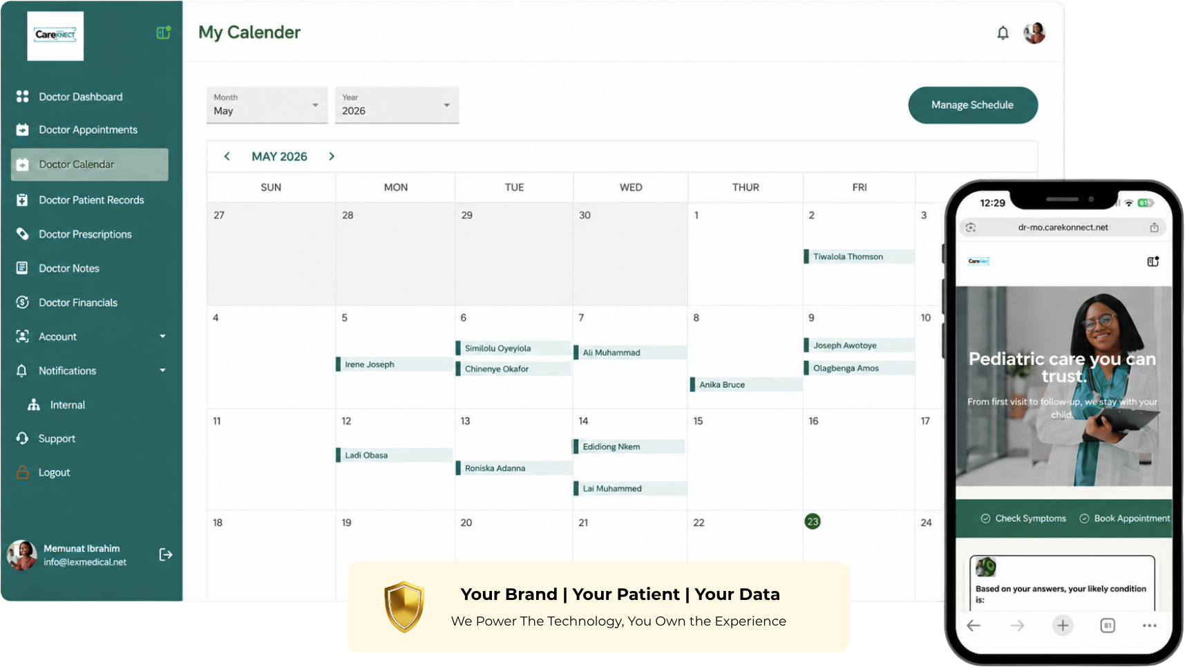 Doctor's calendar interface showing May 2026 appointments and a phone screen with pediatric care app