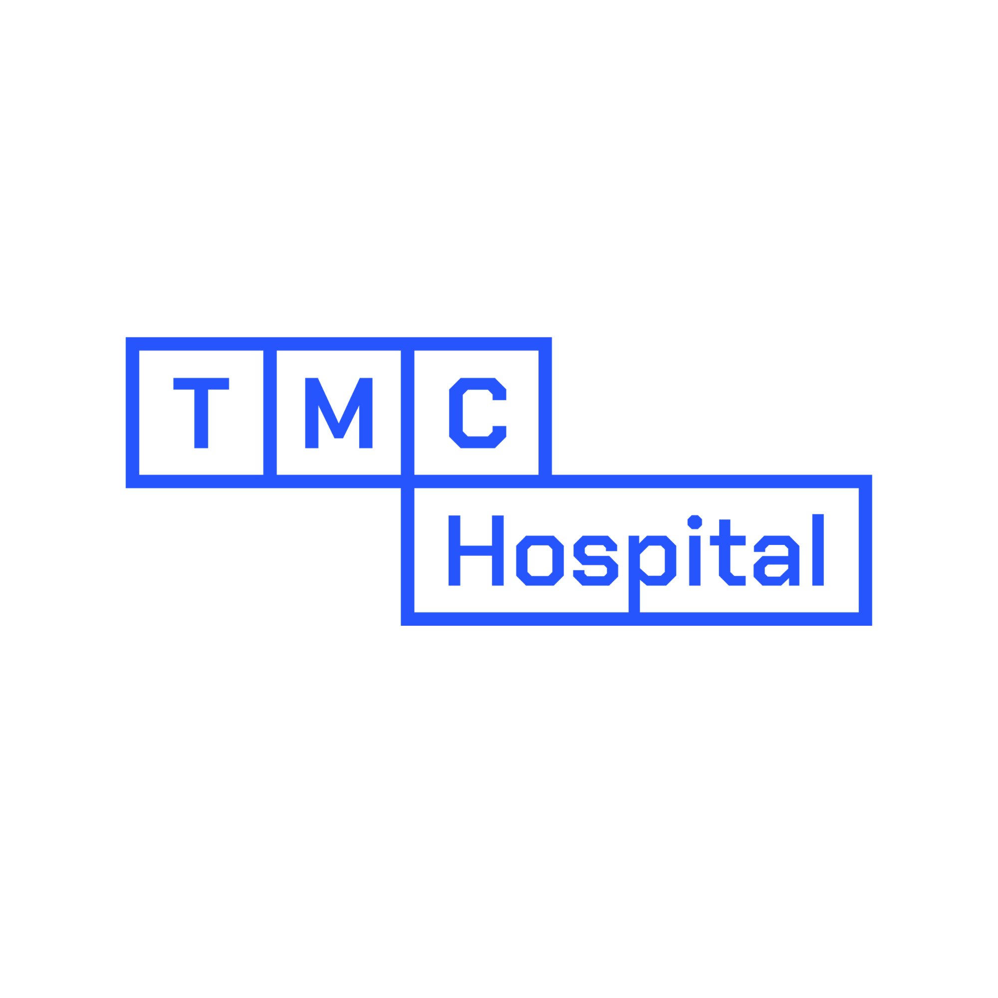 Logo with blue outlined blocks containing the letters T M C and the word Hospital on black background.