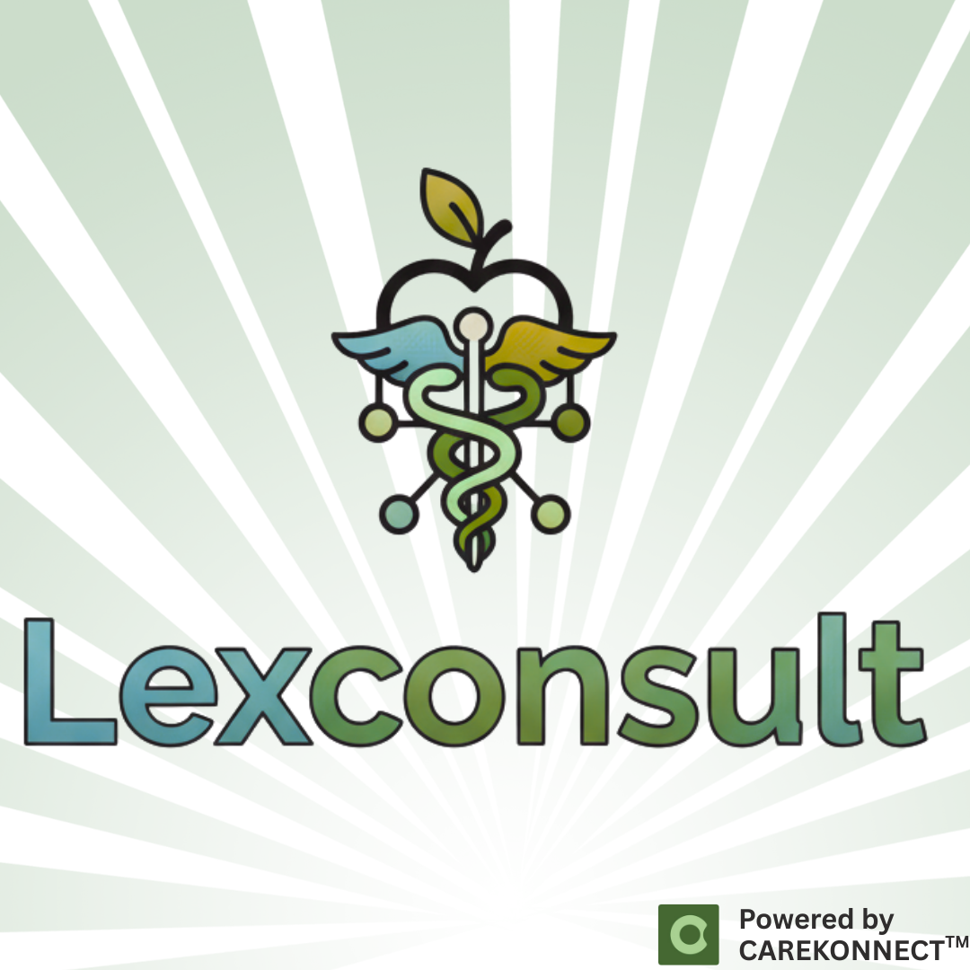 Lexconsult logo with a caduceus entwined with a DNA strand inside an apple shape with a leaf.