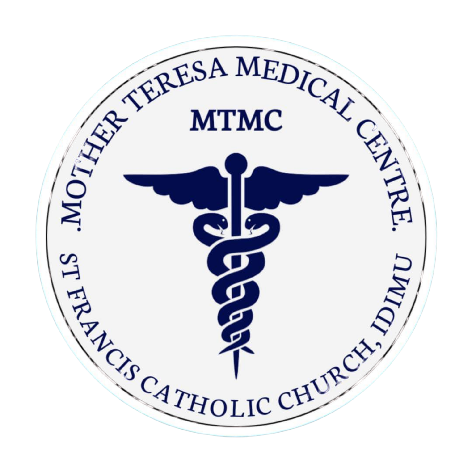 Logo of Mother Teresa Medical Centre featuring a caduceus and location text around the circle.