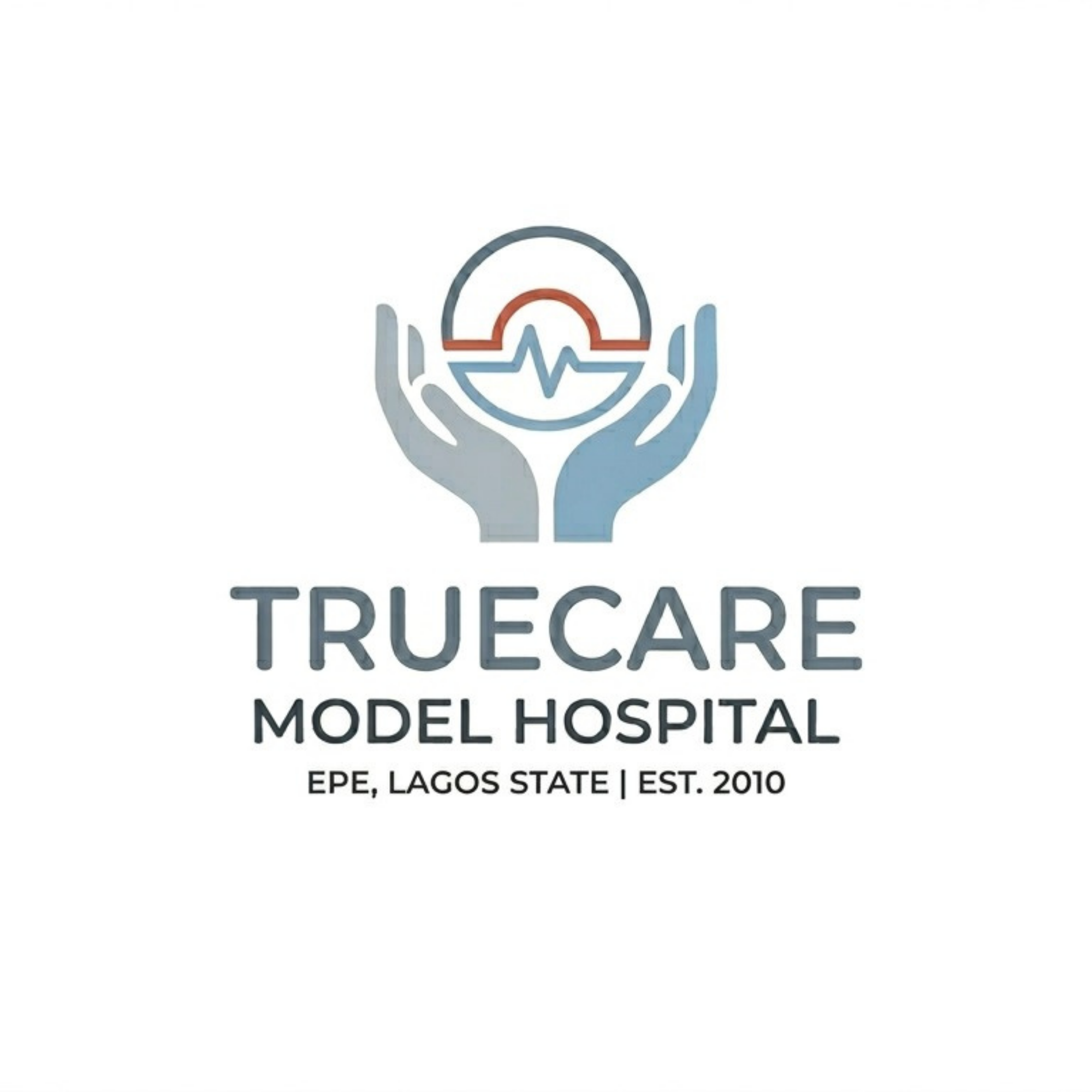 Truecare Model Hospital logo with stylized hands holding a heart and pulse icon, Lagos State, est. 2010.