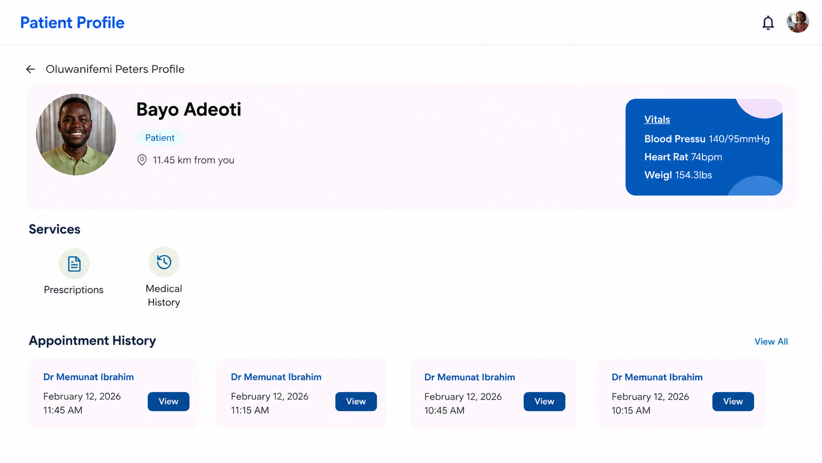 Patient profile of Bayo Adeoti with photo, vitals, services for prescriptions and history, and past appointments.