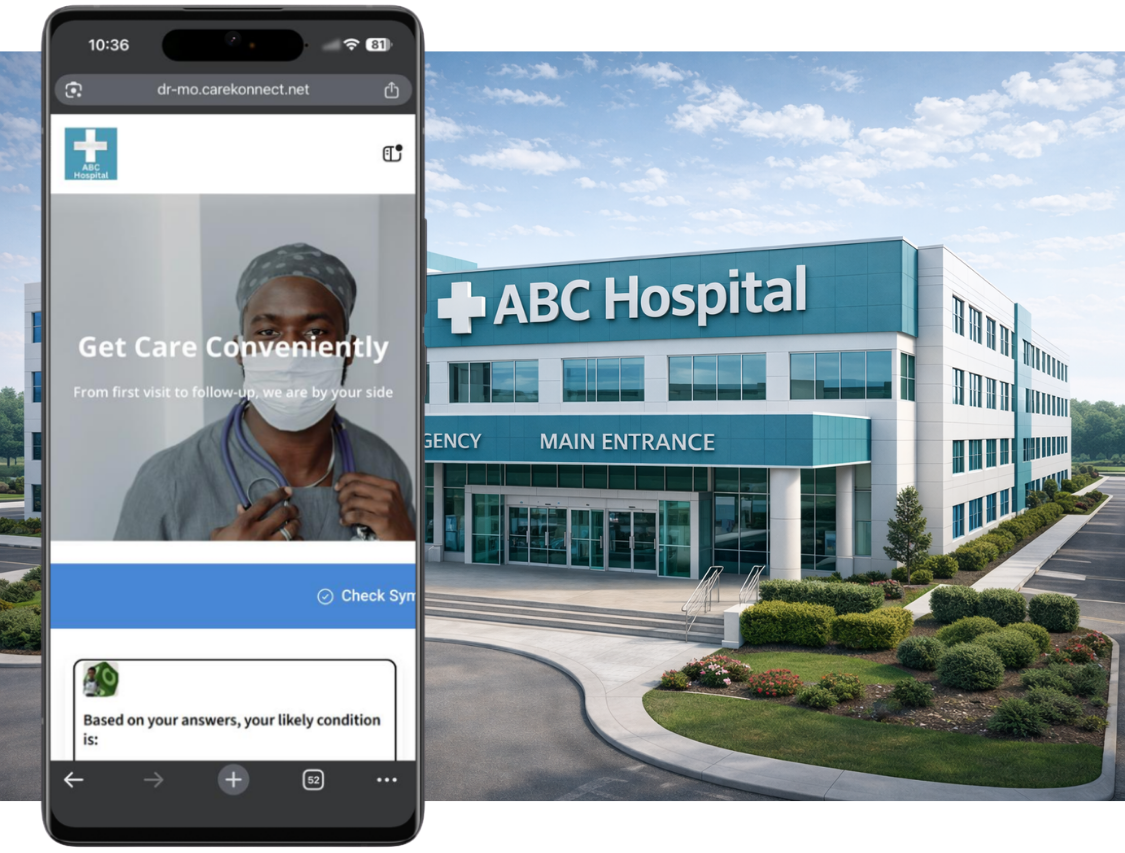 Smartphone shows ABC Hospital’s care website with doctor image, next to hospital main entrance building.