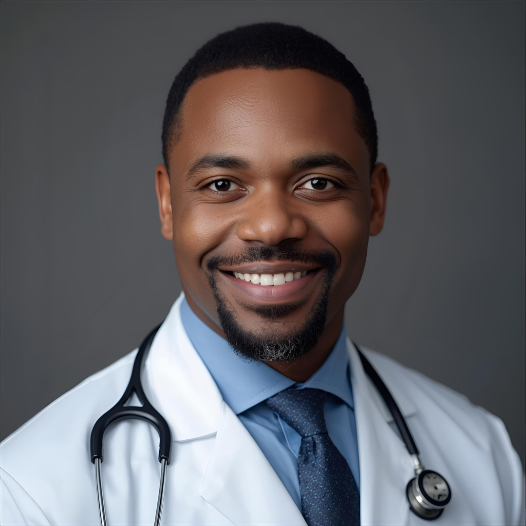 Smiling male doctor in white coat wearing a stethoscope and blue shirt with tie.