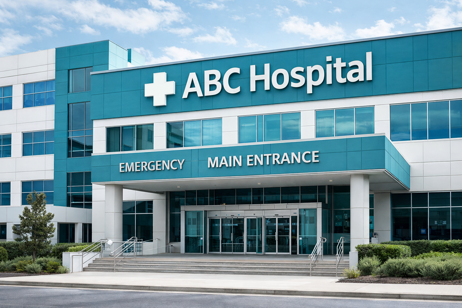 Front entrance of ABC Hospital showing emergency and main entrance signs under blue sky.