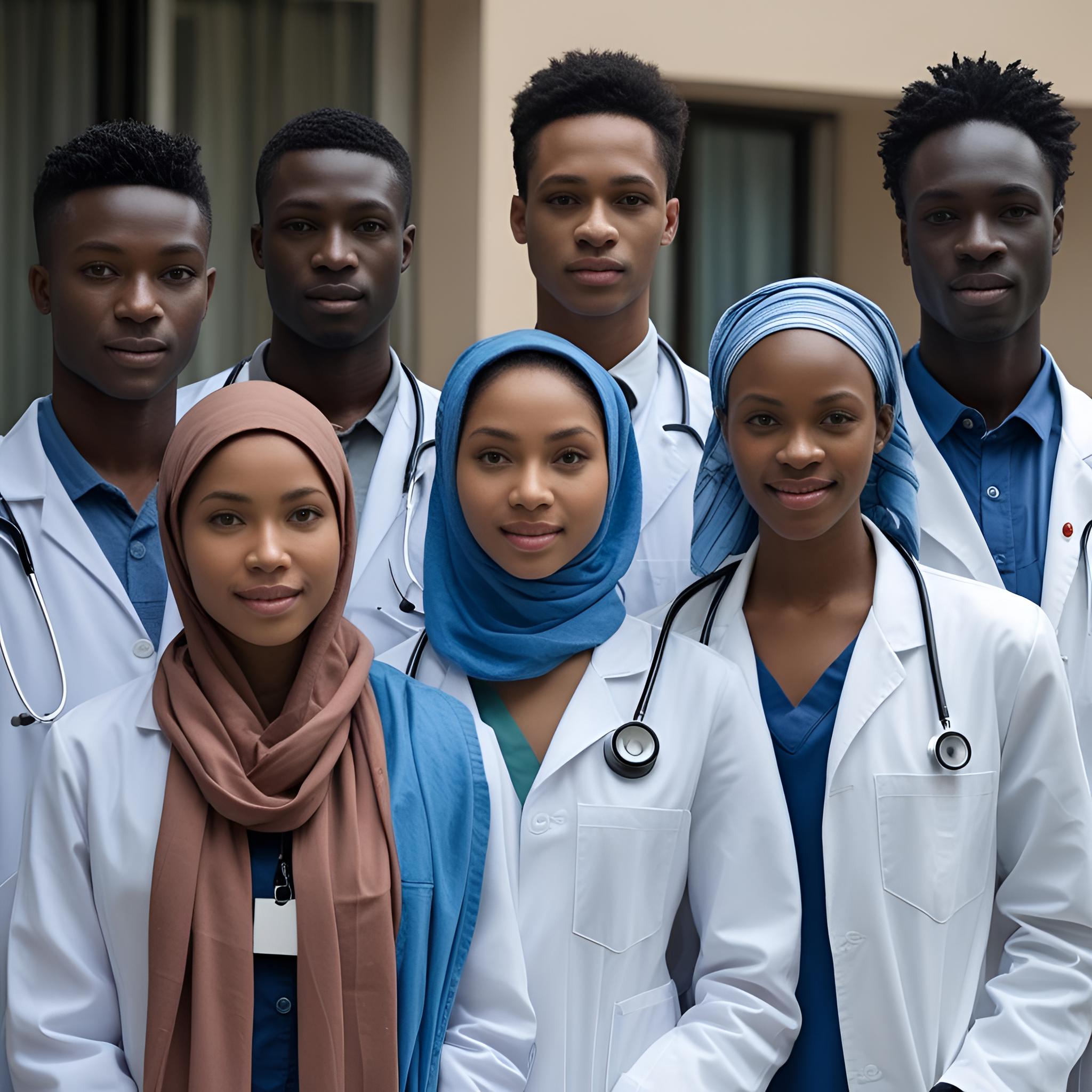 Group of young medical professionals wearing white coats and stethoscopes posing confidently together.