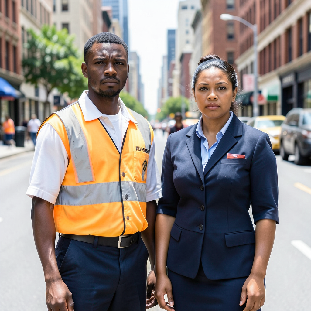 man in orange safety vest and woman in blue business suit standing on city street signifying blue collar staff as candidates for rapid health access for every day illnesses