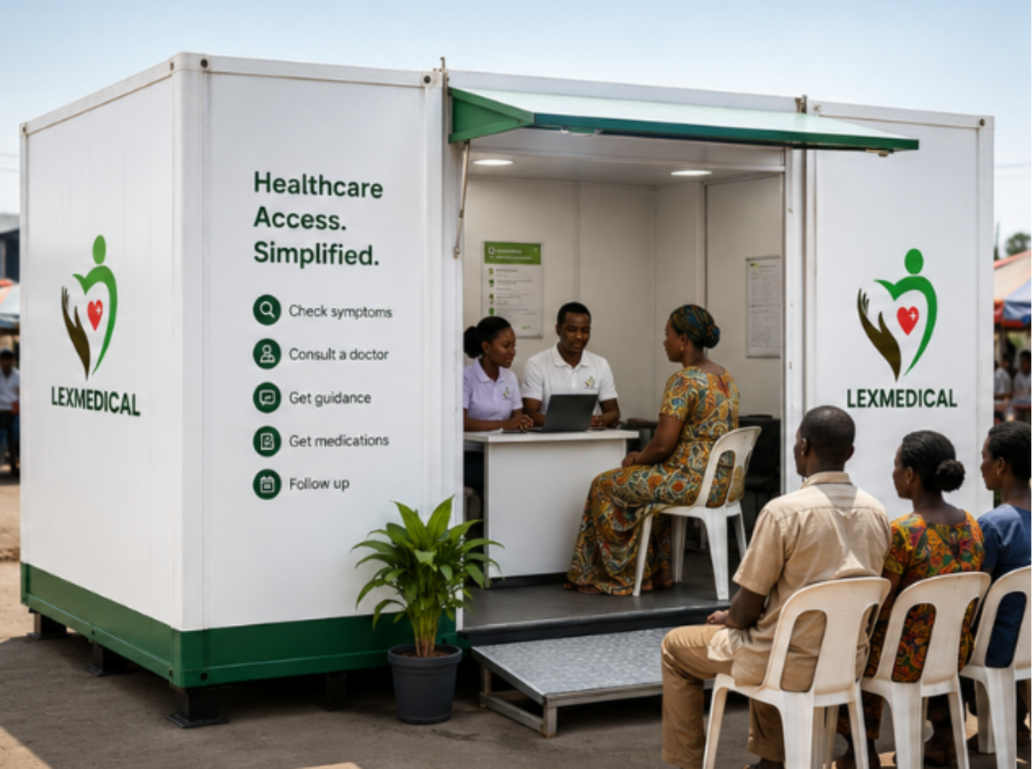 Mobile healthcare unit with staff consulting a woman; others wait seated outside for medical help.