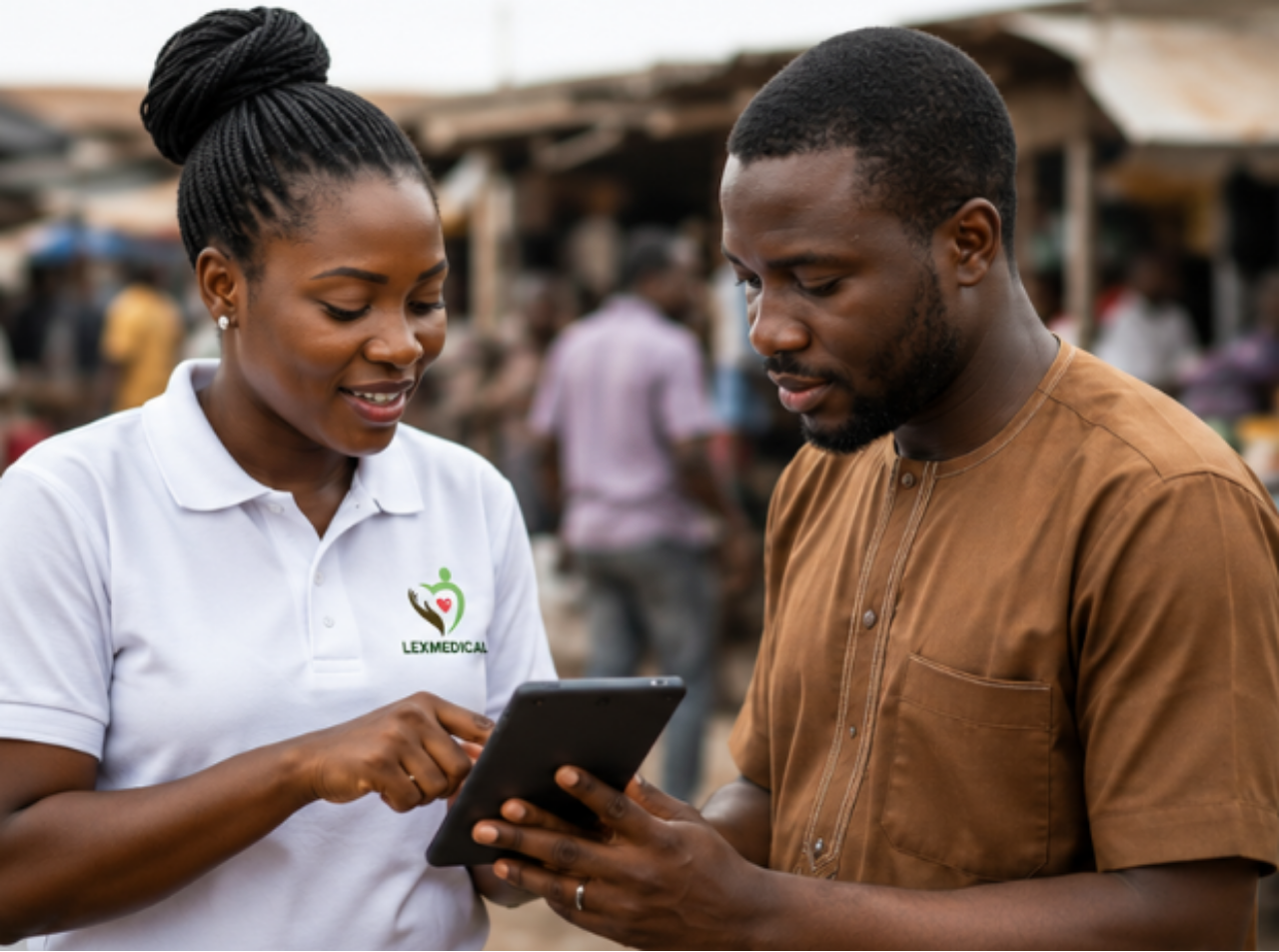 Woman in white Lexmedical polo showing a tablet to a man in brown traditional attire outdoors.