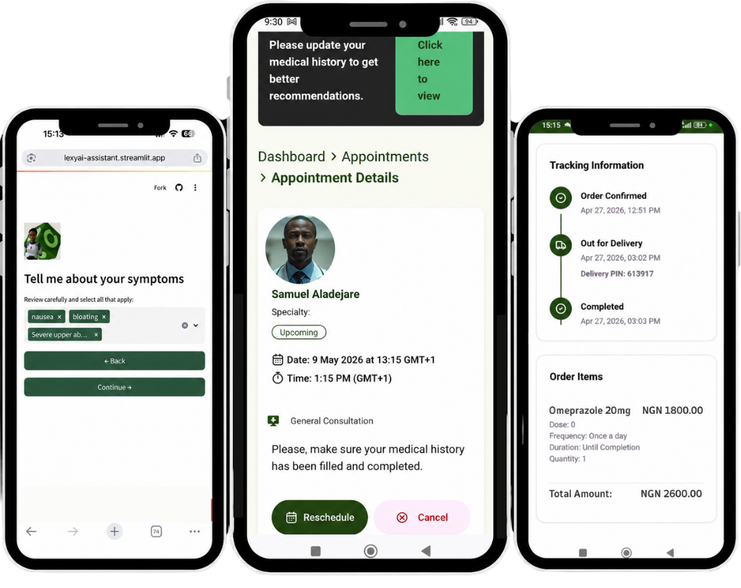 Three phones showing medical app screens: symptom input, appointment details, and order tracking with medicine info.