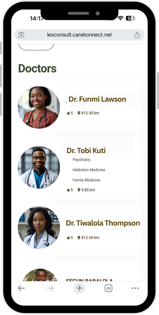 Mobile screen listing doctors available on lexconsult for online conculations