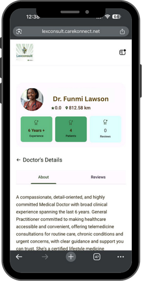 Mobile screen showing selected doctor's profile with experience, patients, reviews, and detailed bio.