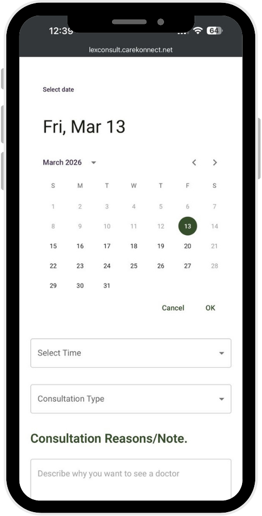 Mobile screen with calendar for selecting Mar 13, 2026, time, consultation type, and notes input fields.