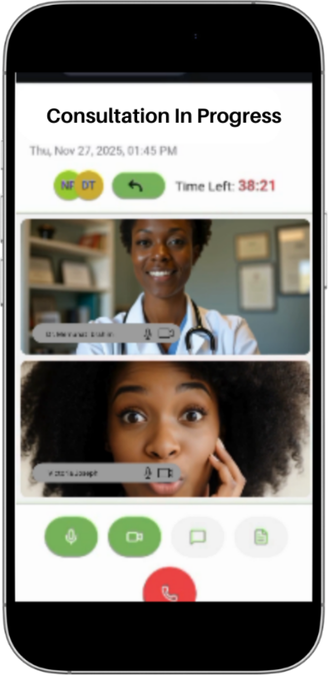 Smartphone screen showing a video consultation in progress between a doctor and a patient with a timer counting down.
