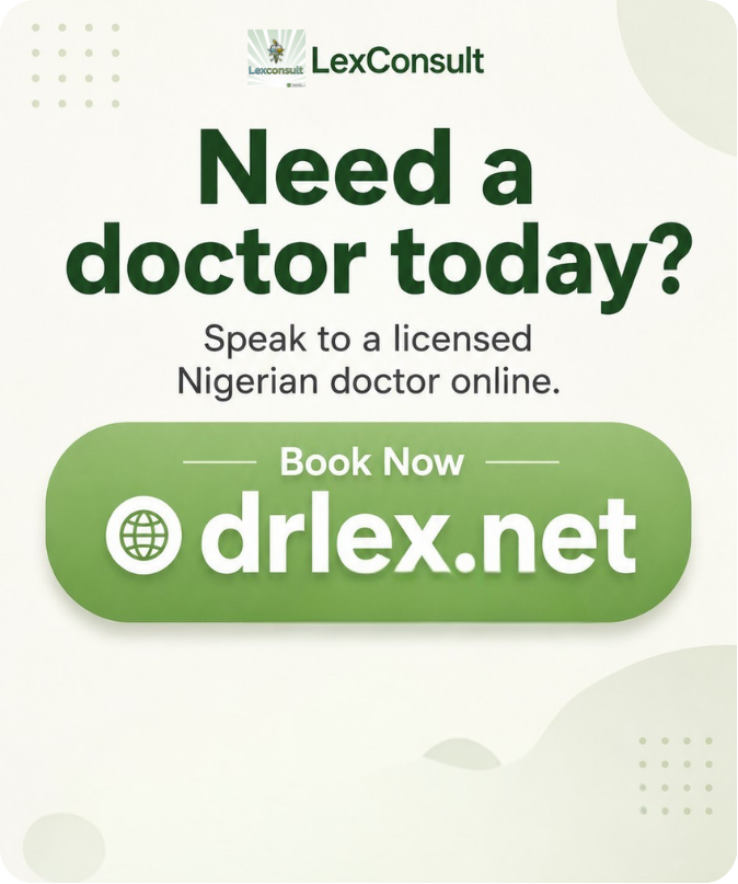 LexConsult ad offering licensed Nigerian doctors online with a call to book now at drlex.net.