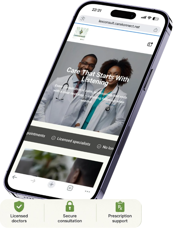 Smartphone showing Lexconsult Telemedicine page with two smiling doctors and benefits like licensed doctors and secure consultation.