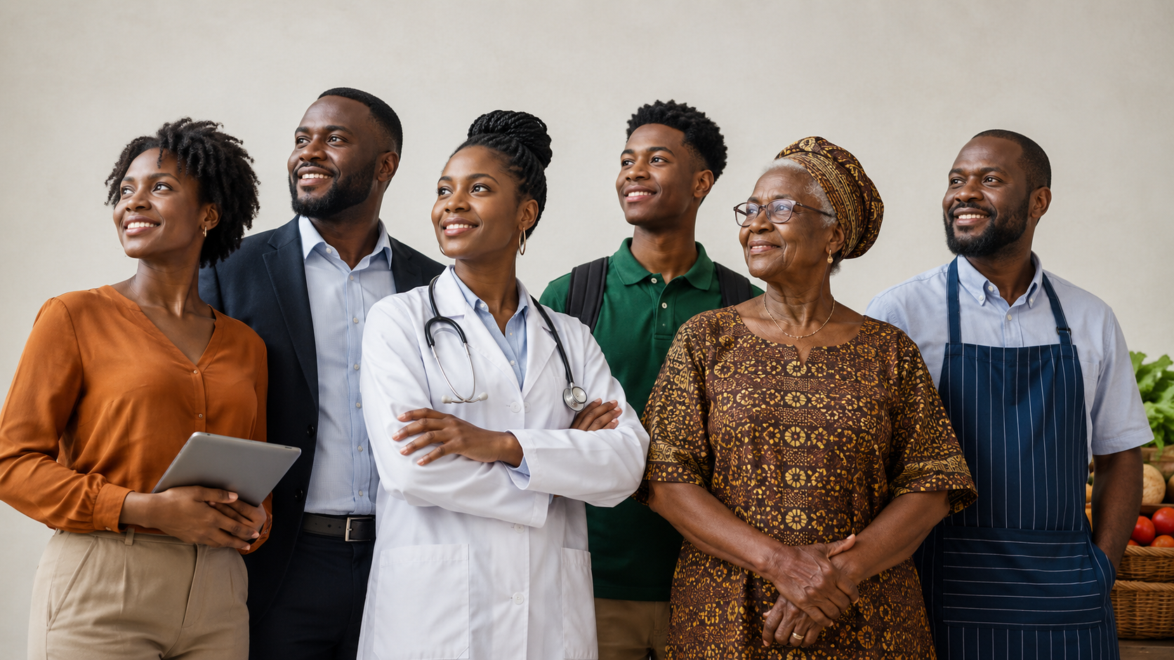 Diverse group including doctor, businessman, elderly woman, and others smiling and looking upward.